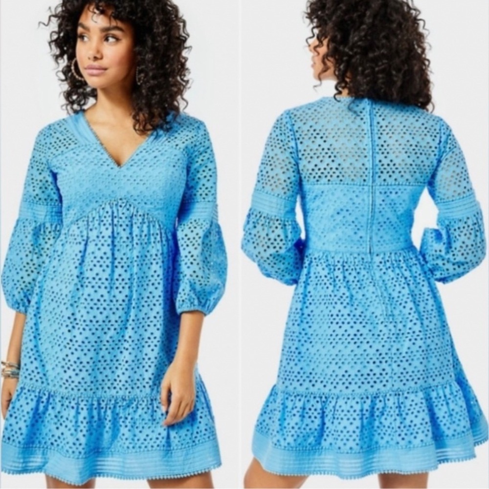 Lilly Pulitzer Lucinda Dress Womens 4 Blue Eyelet Long Sleeve Mini